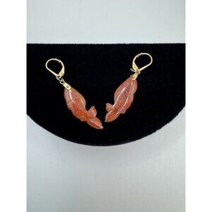 14K Gold Carnelian Fish Earrings Hand Carved Dangle Drop Vintage Fine Jewelry